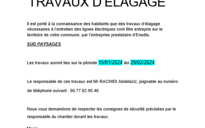 Dates des travaux d’élagage (HTA) prévus sur la commune de Palleville
